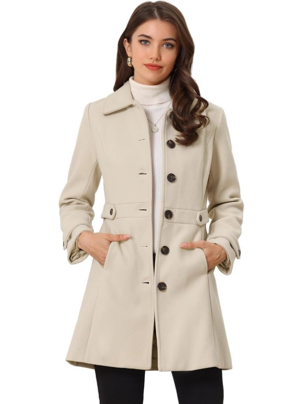Classic Women's Winter Overcoat with Pockets, Single Breasted Pea Coat